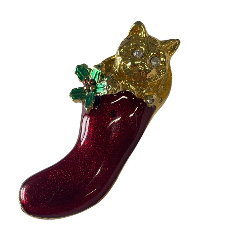 Vintage Christmas Kitty Cat In Stocking‎ Enamel Gold Tone Brooch Pin